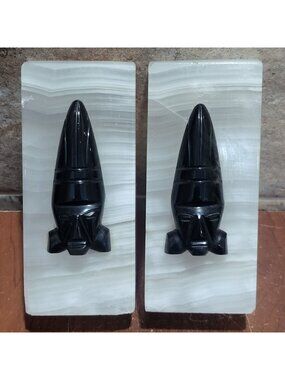 Vintage Black Obsidian Aztec Mayan Warrior Face Sculpture White Onyx Stone Base